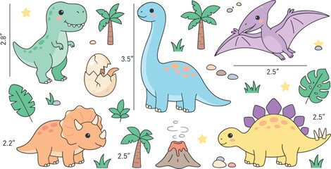 Cute dinosaur vector cartoon set including t-rex stegosaurus triceratops pterodactyl egg and palm trees isolated on white background © MOMINA