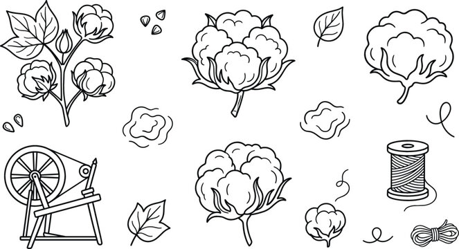 Cotton vector line art illustration set including flower boll plant branch spinning wheel and thread isolated on white background