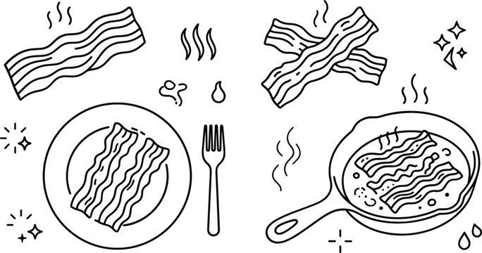 Crispy bacon vector line art illustration set including strips frying pan plate and fork isolated on white background