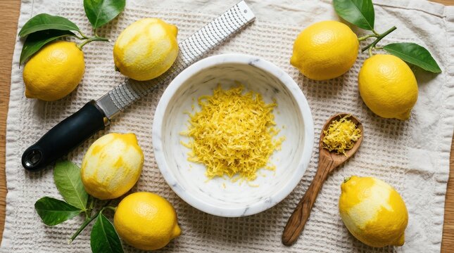 Fresh lemons with leaves, grater, and bowl of lemon zest on a kitchen towel
