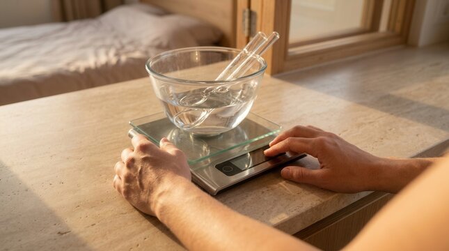 Person weighing liquid in a glass bowl on a digital scale for precise measurement, home lab or kitchen setting.