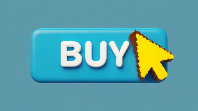 3D computer cursor clicking a blue interface button representing joy, interaction, selection and digital engagement