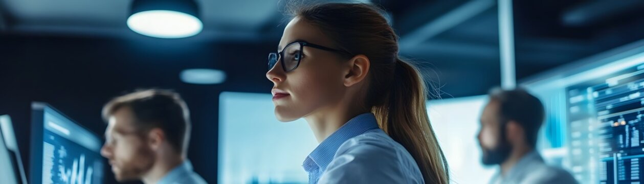 Focused woman working with data on screens in modern office
