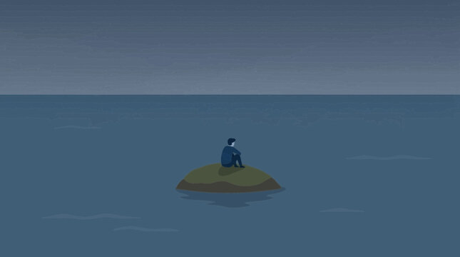 This Flat Design illustration portrays the profound feeling of loneliness and emotional isolation, with a solitary figure in an empty space.
