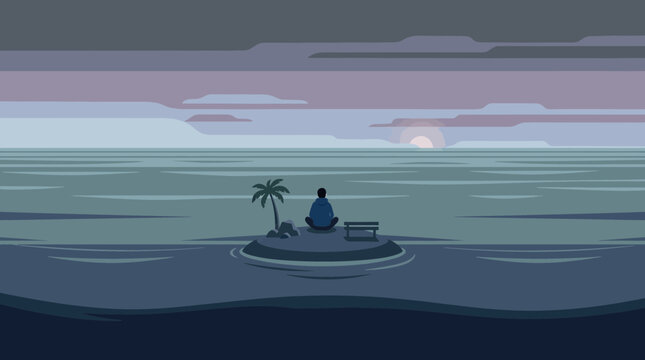 This Flat Design illustration portrays the profound feeling of loneliness and emotional isolation, with a solitary figure in an empty space.