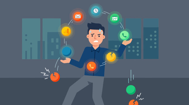 This Flat Design illustration visualizes the concept of multitasking overload and work-related stress, showing a person struggling to manage multiple tasks.