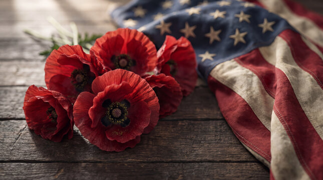 A bunch of vibrant red poppies resting beside a weathered American flag on a dark rustic wooden surface, symbolizing remembrance, patriotism, and honor.