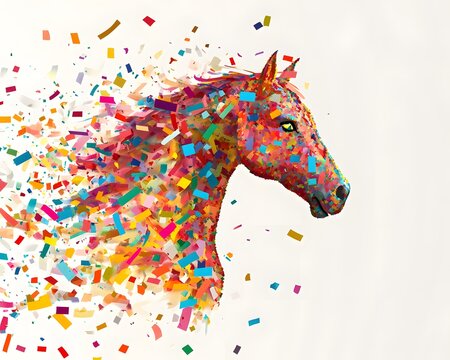 Colorful horse head composed of confetti exploding outward