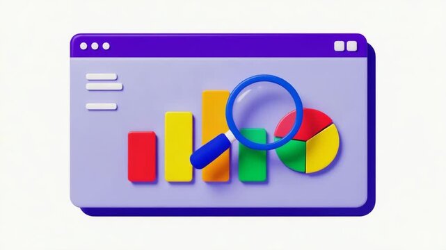 3D browser window with financial charts, coin, magnifying glass and analytics dashboard for business data analysis