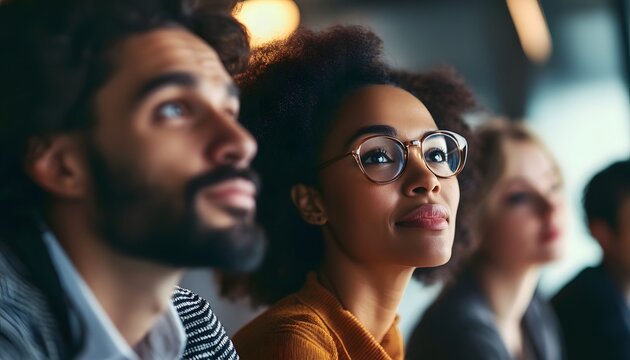 Young woman with glasses looking upward in a meeting