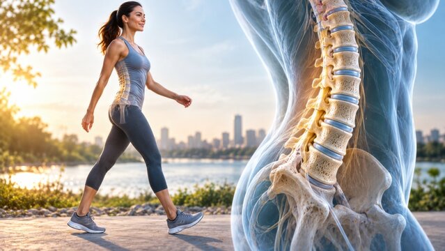 Woman walking outdoors with a visible healthy spine, representing active lifestyle and skeletal health.