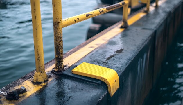 Yellow dock bumper on wet concrete pier with rusted railing