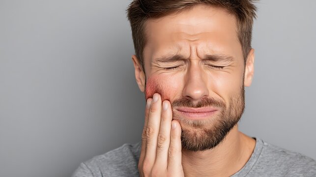 Man with Severe Toothache and Facial Pain Touching Swollen Cheek