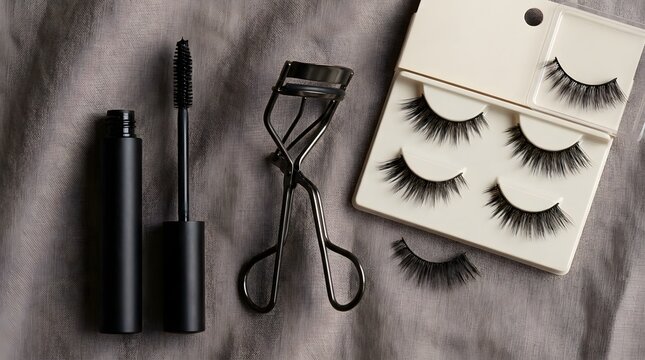 Eyelash Extension Supplies Set with Mascara Brush and Eyelash Curler on Gray Fabric Background