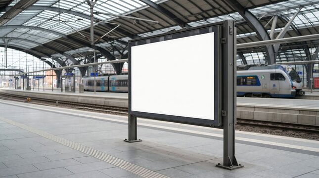 Blank billboard mockup at a modern railway station platform with trains in the background