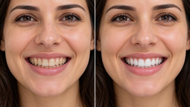 Woman's smile before and after teeth whitening treatment, showing transformation for brighter white teeth.