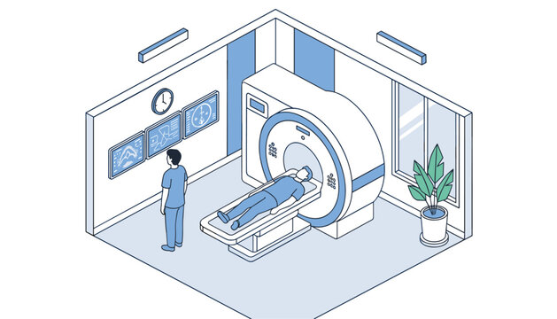 Isometric vector illustration of an MRI scan room showing a patient lying in the scanner and a doctor observing monitors.