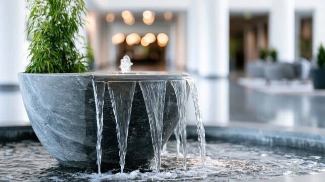 Sleek stone bowl fountain with cascading water in a bright indoor lobby