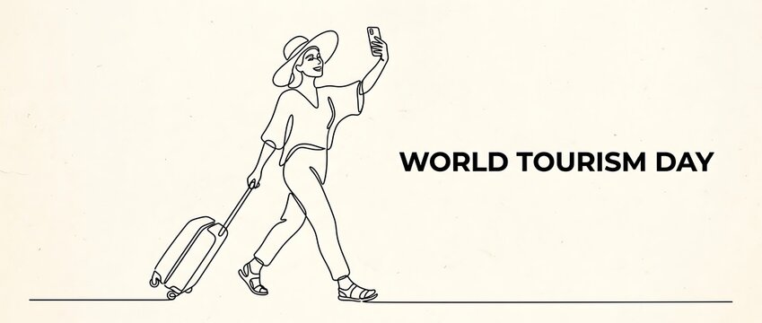 Black and white hand drawn illustration of a woman taking a selfie with luggage