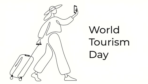 Minimalist line art illustration of a traveler carrying a suitcase for world tourism day