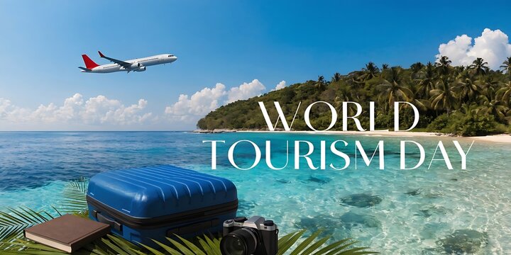 World tourism day conceptual image with airplane and beach scenery