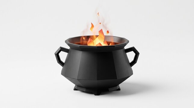 3D Low Poly Black Witch Cauldron with Magic Glowing Fire on White