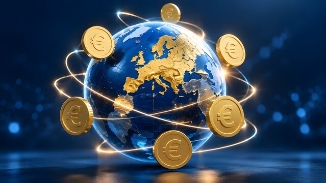 3D glowing globe surrounded by orbiting gold Euro coins and digital light trails representing global finance, international economy and foreign exchange network.