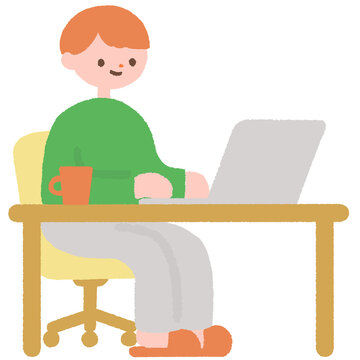 自宅でパソコンを使って仕事をする男性のイラスト