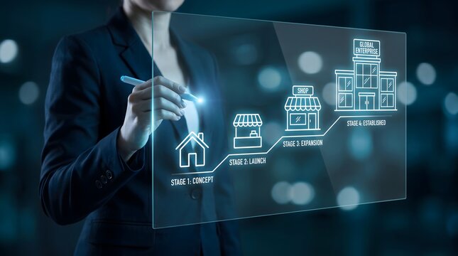 A businesswoman interacts with a futuristic holographic display showcasing architectural designs and advanced technological concepts symbolizing innovation and progress