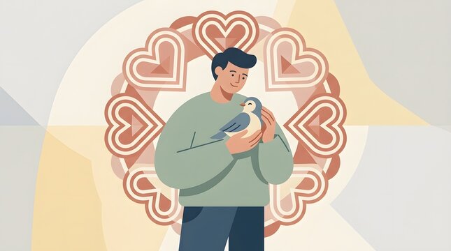 Young Man Holding Bird Surrounded by Heart Shapes in Romantic Illustration