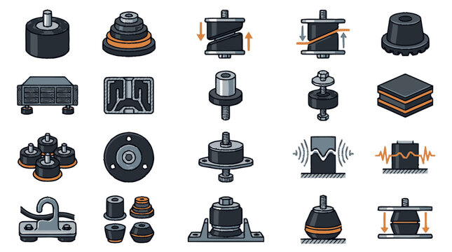 Set of Various Rubber Vibration Isolators and Industrial Dampers.