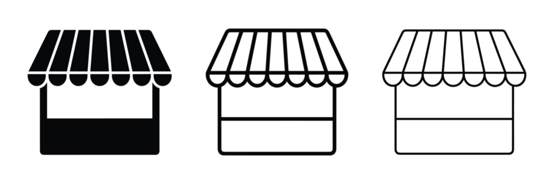 Shop stall icons in solid, bold, and outline styles for e-commerce concepts