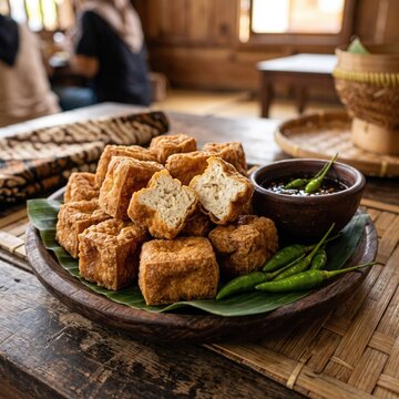 Traditional Indonesian fried tofu known as Tahu Sumedang served on a wooden plate with chili peppers and soy sauce dip