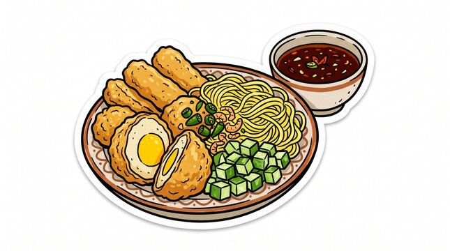 Pempek Palembang on Plate Sticker Illustration &ndash; Traditional Indonesian Fish Cake