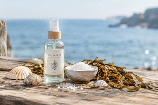 A clear glass bottle, sea salt, and shells on a weathered wooden table.