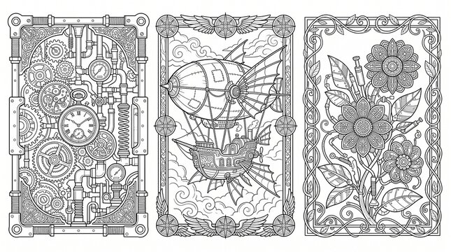 Steampunk coloring page set with intricate clockwork gears, vintage airship flying through clouds, and ornate floral patterns. Detailed line art illustrations for adult relaxation and hobby art.