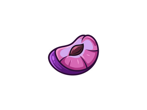 Vibrant stylized vector illustration of a fresh half plum with pit, showcasing juicy purple fruit isolated on a clean white background