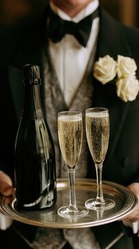 Waiter holding silver tray with champagne bottle and two filled flutes