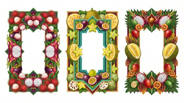 Tropical fruit border collection with exotic lychee and dragon fruit frames. Vibrant botanical frame set featuring carambola and passion fruit. Decorative summer fruit borders for menu templates.