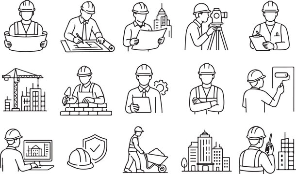 Construction worker line icons set, professional engineer and architect avatars, 15 building industry vector graphics for civil engineering projects