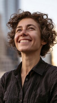 Woman with curly brown hair and radiant smile wearing black shirt