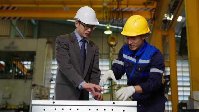 Industrial manager and engineer discussing machine maintenance technical task while wearing safety helmet inside manufacturing factory