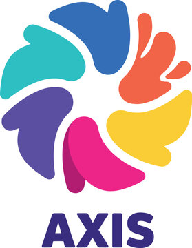 Colorful abstract spiral shape logo with axis text, representing movement and progress.