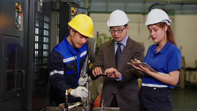 Industrial engineers inspecting manufacturing quality control metrics on digital tablet inside a modern automated factory facility for smart production performance analysis and teamwork