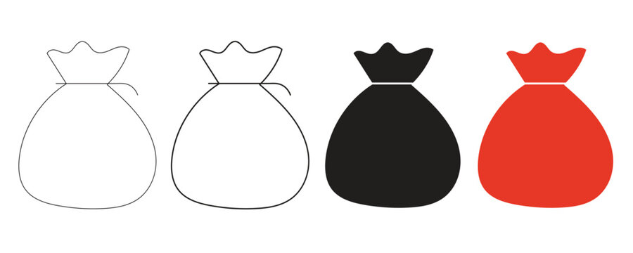 Four drawstring bags in outline solid black and red fill showing progression from concept to completion