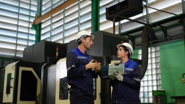 Industrial workers discussing project plan while reviewing technical document in manufacturing factory facility
