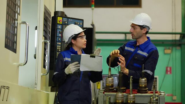 Industrial engineer and technician discussing production report and machine maintenance plan in factory manufacturing plant