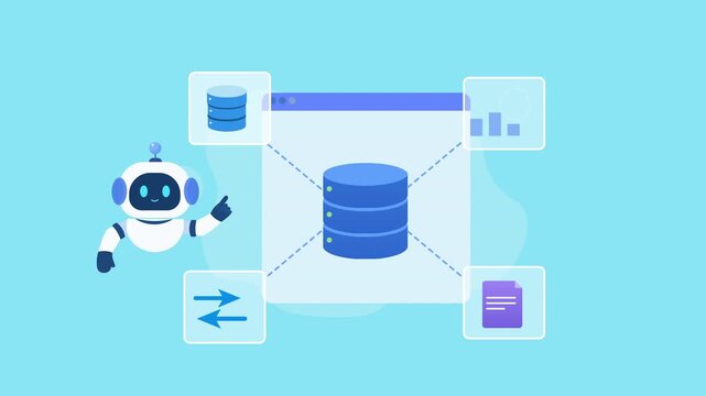 Animated video showing an AI robot beside a central cloud database connected to data storage, analytics, file, and transfer elements, representing digital infrastructure and data management.