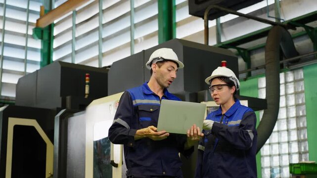 Industrial engineers discussing project data on laptop in factory, professional technicians collaborating on manufacturing workflow and digital operational planning in modern production facility
