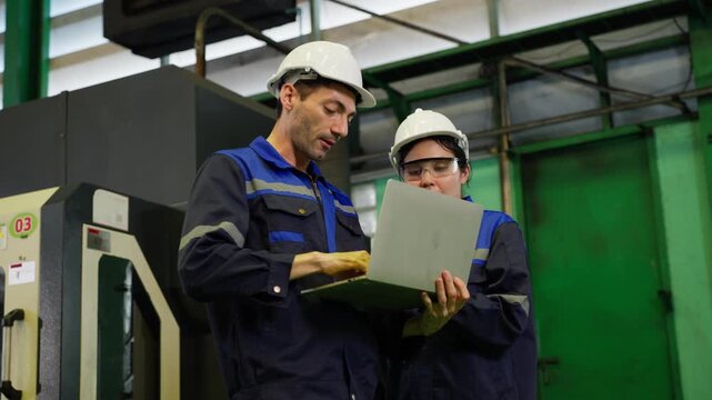 Industrial engineer team collaborating on laptop to analyze production data and quality control metrics inside a modern manufacturing factory for operational efficiency and technical audit